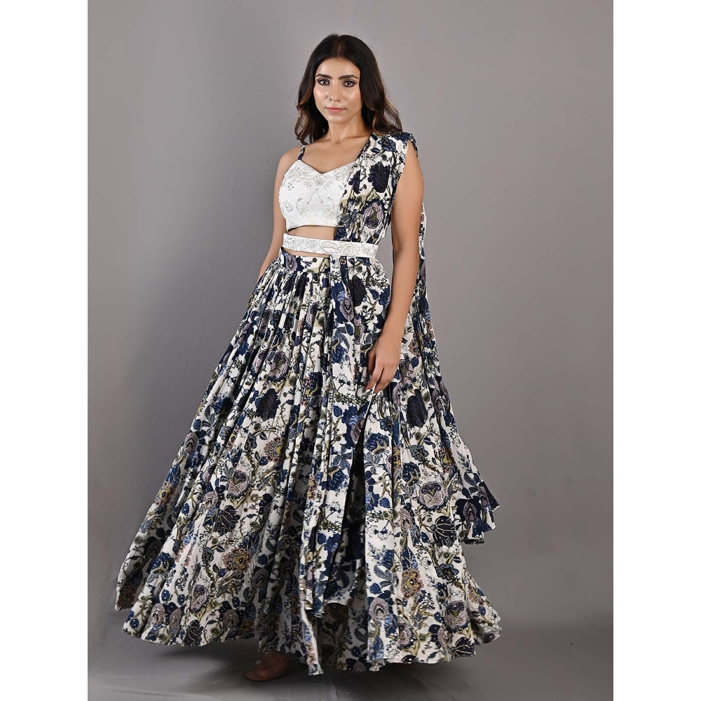 Bohame Embelia Multi-Blue & Off White Lehenga (Set of 4)