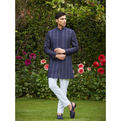 Bohame Marya - Blue Chikankari Achkan Kurta (Set of 3)