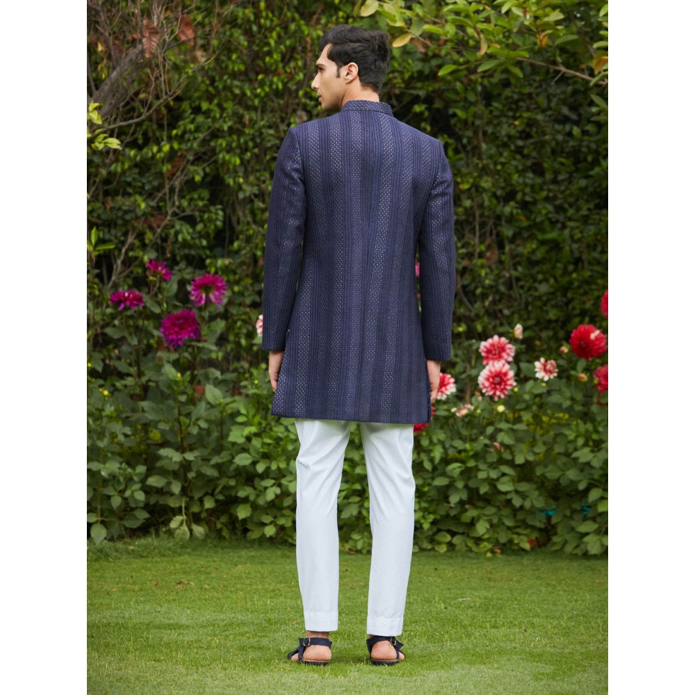 Bohame Marya - Blue Chikankari Achkan Kurta (Set of 3)