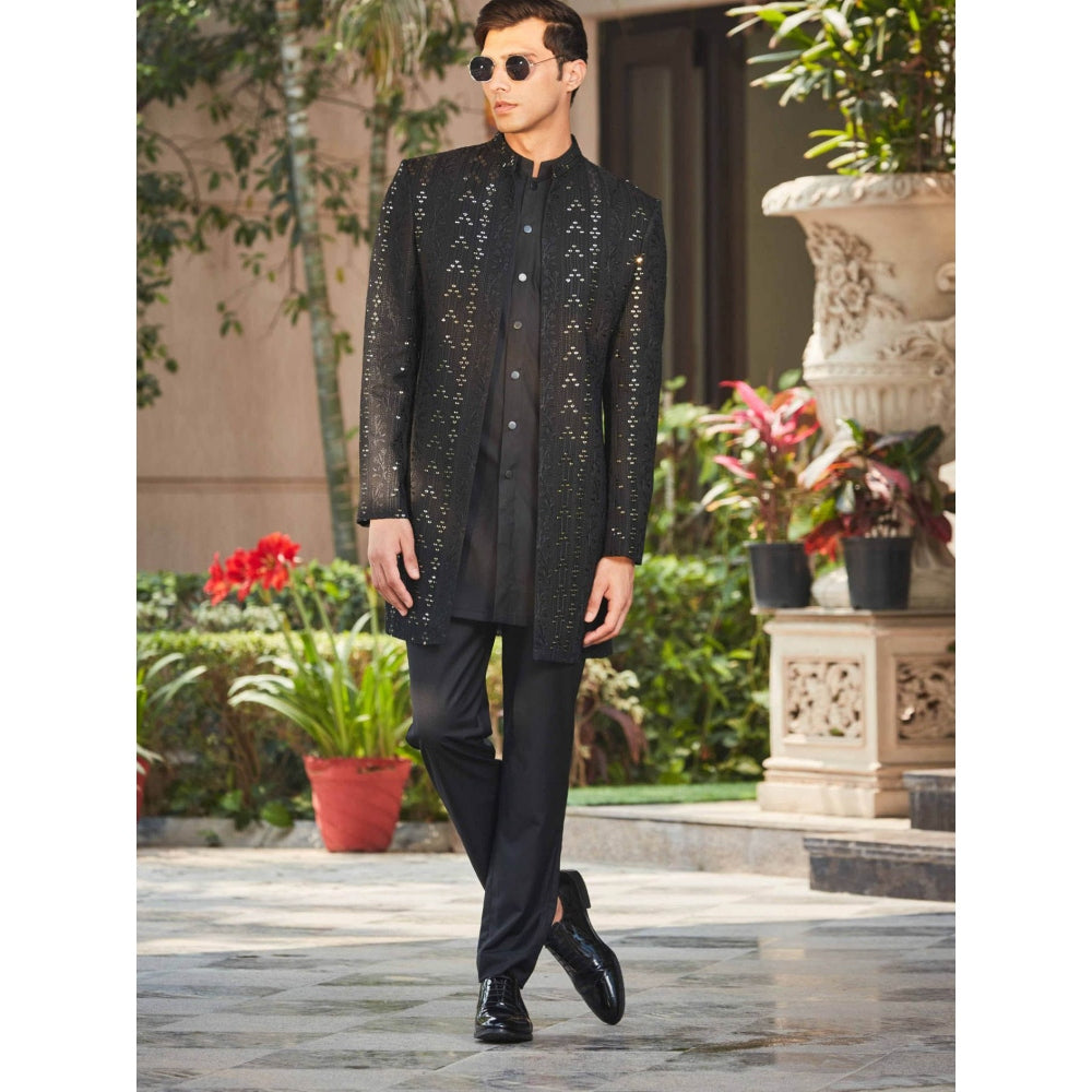 Bohame Niruha - Black Chikankari Open Kurta (Set of 3)