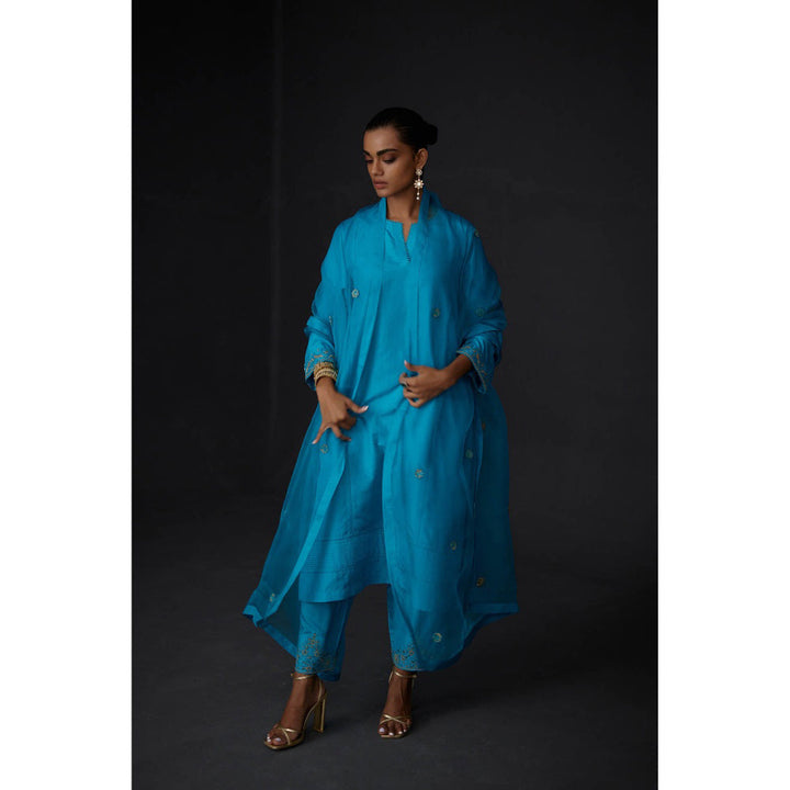 BRIH Embroidered Kurta and Trouser - Blue (Set of 3)