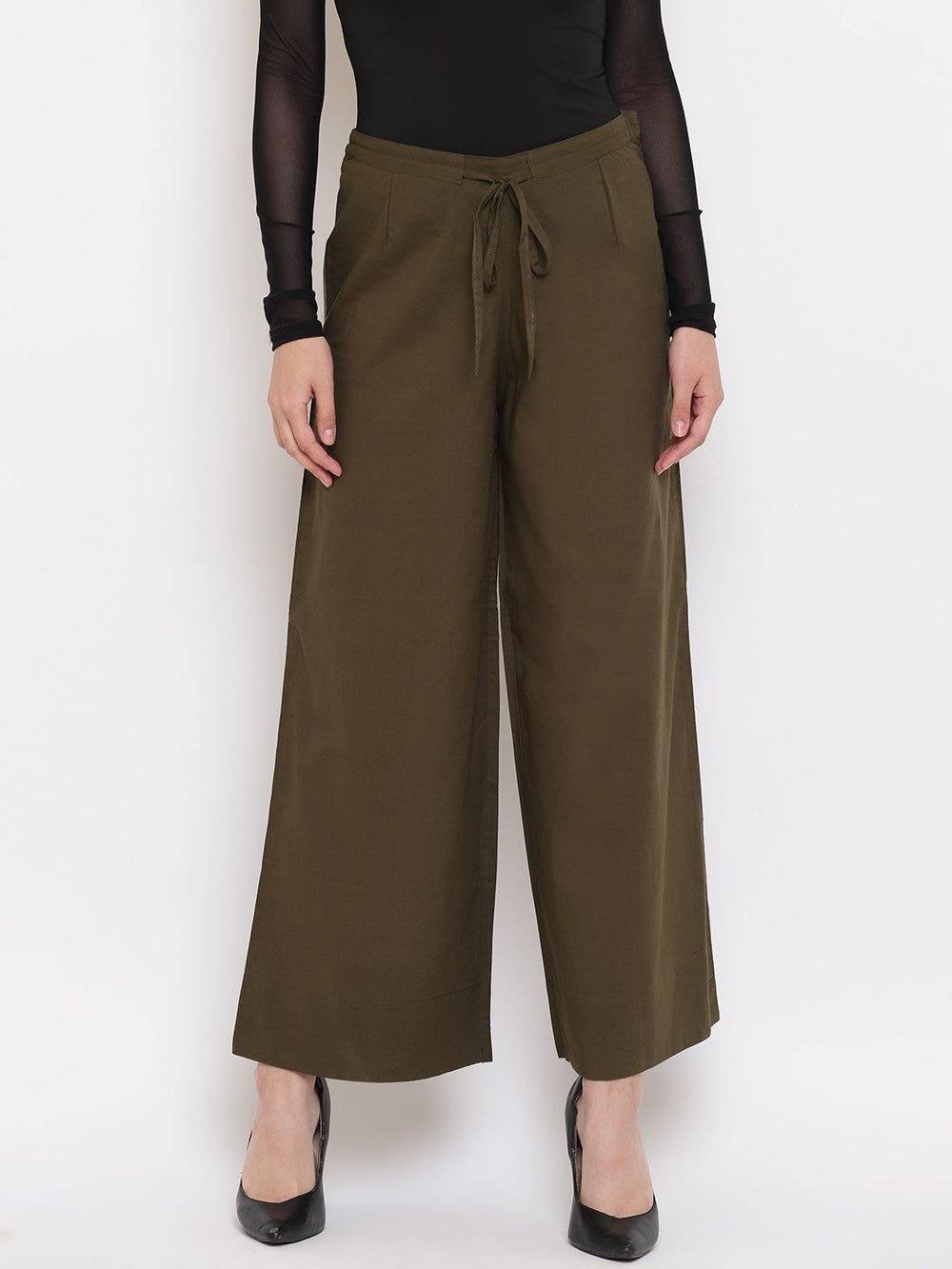 olive green pure cotton palazzo pant btm045-2