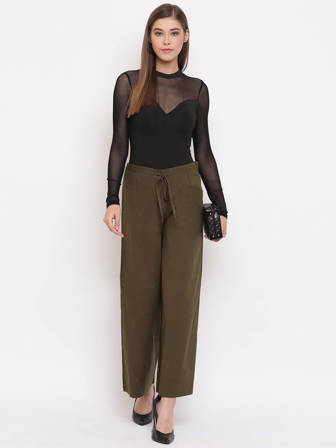 olive green pure cotton palazzo pant btm045-1