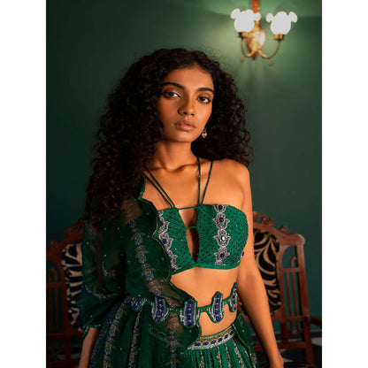 17 : 17 by Simmi Saboo Evil Eye Bralette Skirt, Dupatta & Cheeta Highlighting Belt (Set of 4)