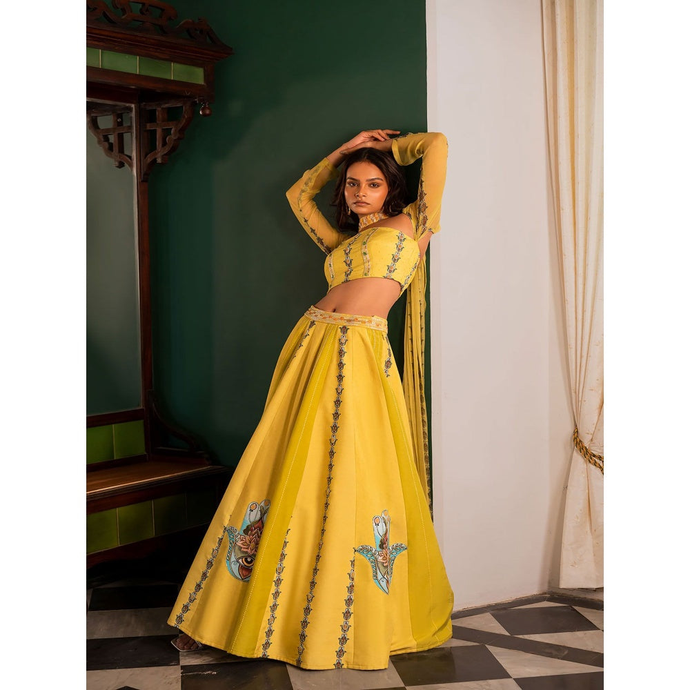 17 : 17 by Simmi Saboo Yellow Evil Eye Bustier with Kali Lehenga & Choker Dupatta (Set of 3)