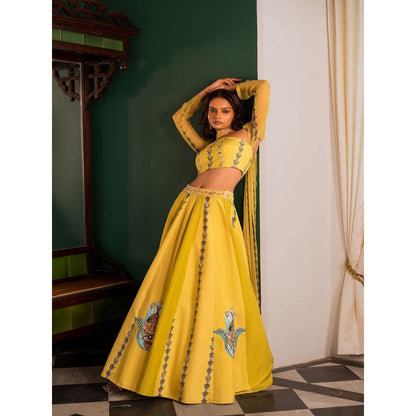 17 : 17 by Simmi Saboo Yellow Evil Eye Bustier with Kali Lehenga & Choker Dupatta (Set of 3)