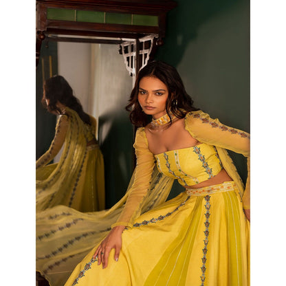 17 : 17 by Simmi Saboo Yellow Evil Eye Bustier with Kali Lehenga & Choker Dupatta (Set of 3)