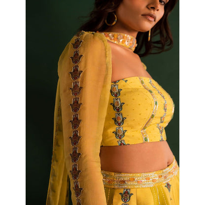 17 : 17 by Simmi Saboo Yellow Evil Eye Bustier with Kali Lehenga & Choker Dupatta (Set of 3)