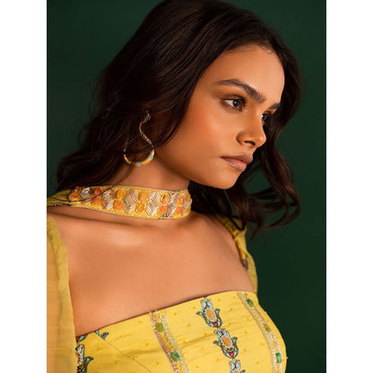 17 : 17 by Simmi Saboo Yellow Evil Eye Bustier with Kali Lehenga & Choker Dupatta (Set of 3)
