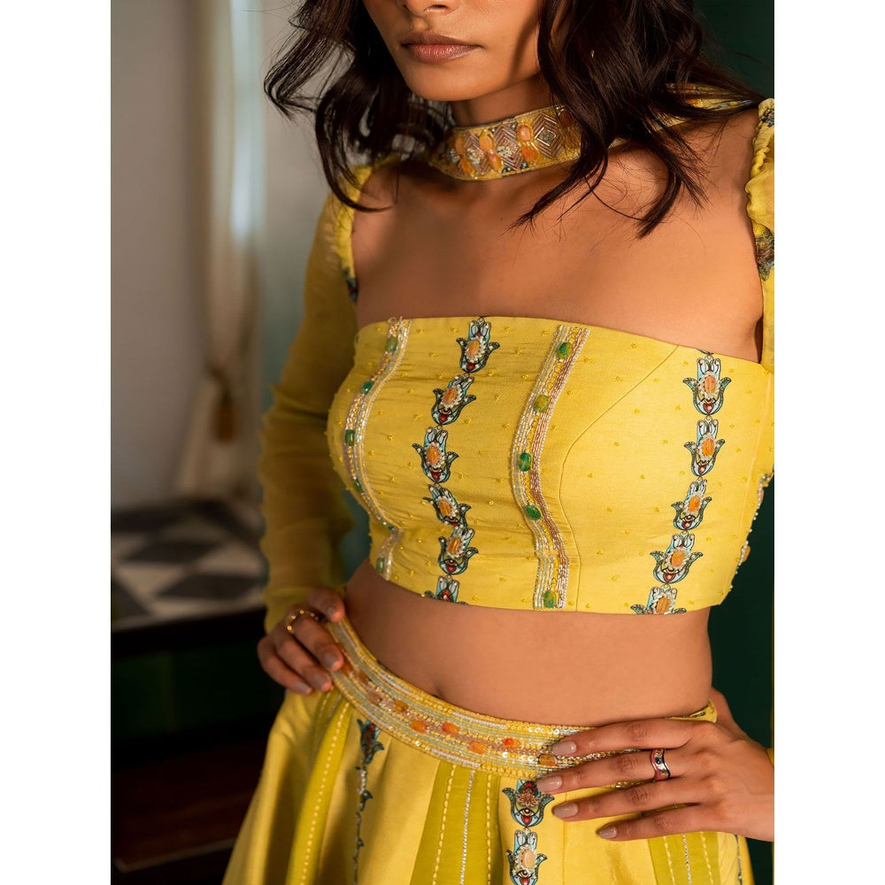 17 : 17 by Simmi Saboo Yellow Evil Eye Bustier with Kali Lehenga & Choker Dupatta (Set of 3)