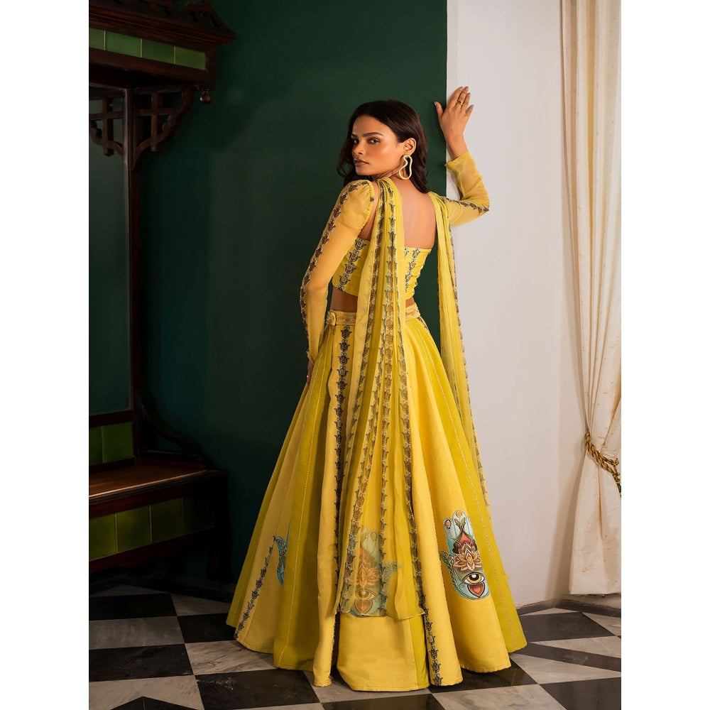 17 : 17 by Simmi Saboo Yellow Evil Eye Bustier with Kali Lehenga & Choker Dupatta (Set of 3)