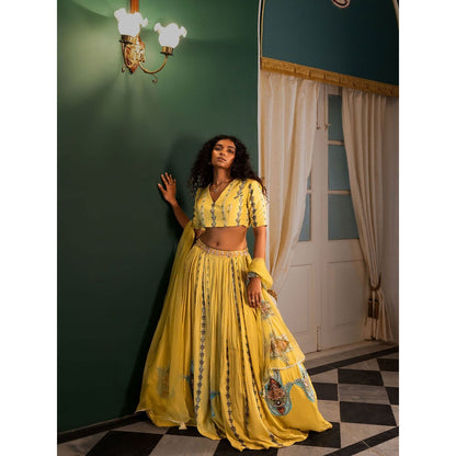 17 : 17 by Simmi Saboo Yellow Evil Eye Bustier with Kali Lehenga & Chiffon Dupatta (Set of 3)