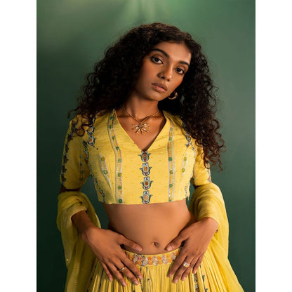 17 : 17 by Simmi Saboo Yellow Evil Eye Bustier with Kali Lehenga & Chiffon Dupatta (Set of 3)