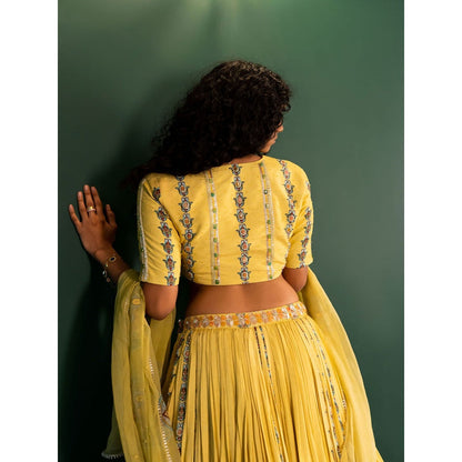 17 : 17 by Simmi Saboo Yellow Evil Eye Bustier with Kali Lehenga & Chiffon Dupatta (Set of 3)