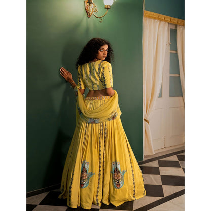 17 : 17 by Simmi Saboo Yellow Evil Eye Bustier with Kali Lehenga & Chiffon Dupatta (Set of 3)