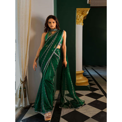 17 : 17 by Simmi Saboo Green Evil Eye Saree with Halter Neck Stitched Blouse