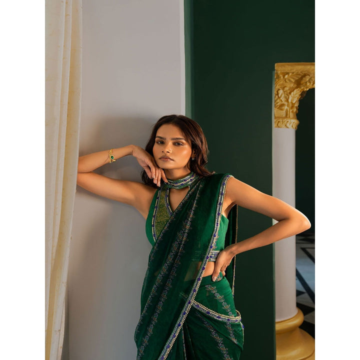 17 : 17 by Simmi Saboo Green Evil Eye Saree with Halter Neck Stitched Blouse