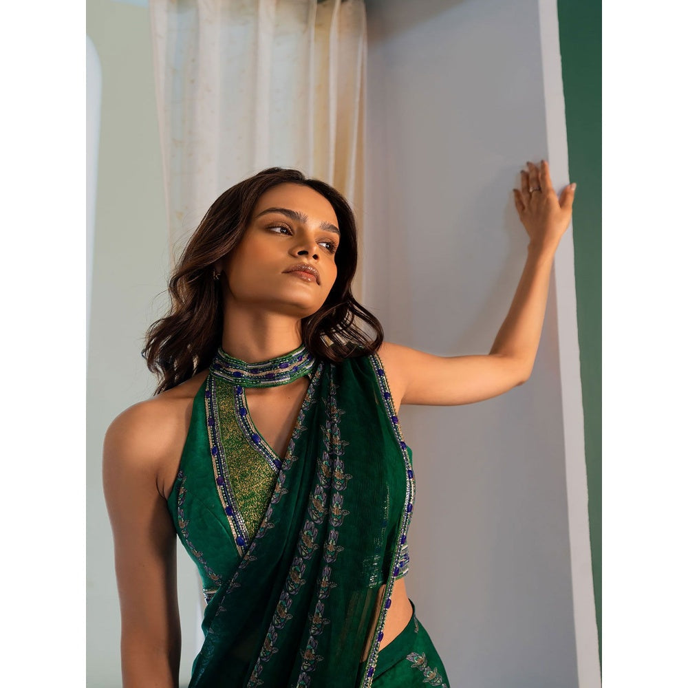 17 : 17 by Simmi Saboo Green Evil Eye Saree with Halter Neck Stitched Blouse