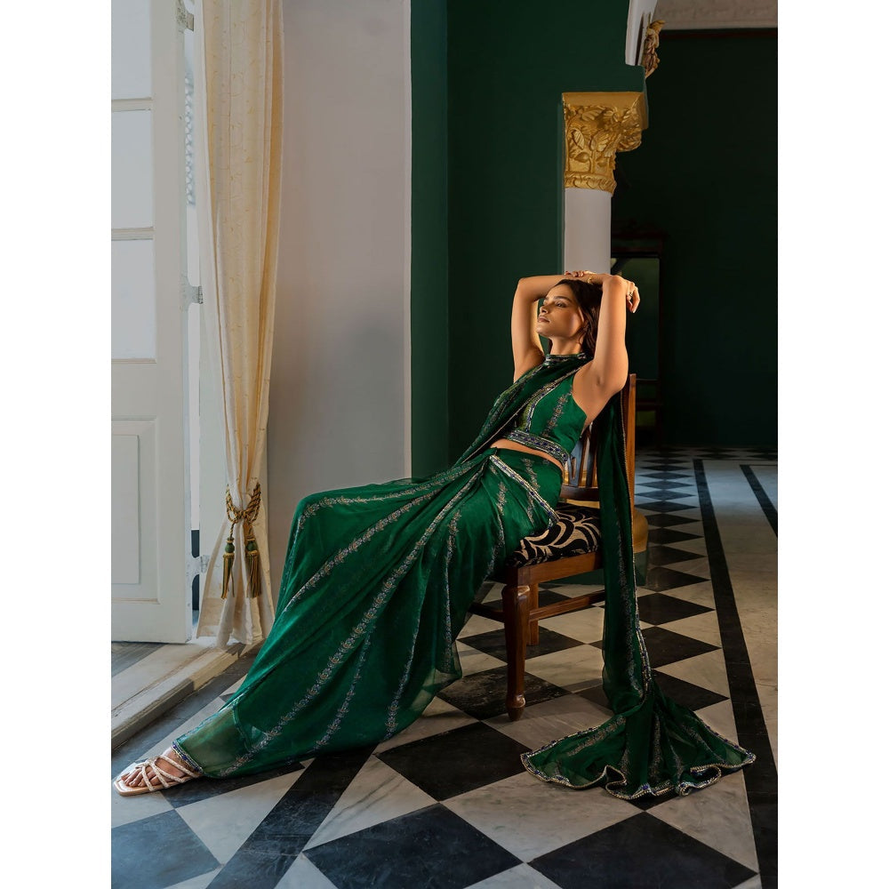 17 : 17 by Simmi Saboo Green Evil Eye Saree with Halter Neck Stitched Blouse