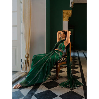 17 : 17 by Simmi Saboo Green Evil Eye Saree with Halter Neck Stitched Blouse