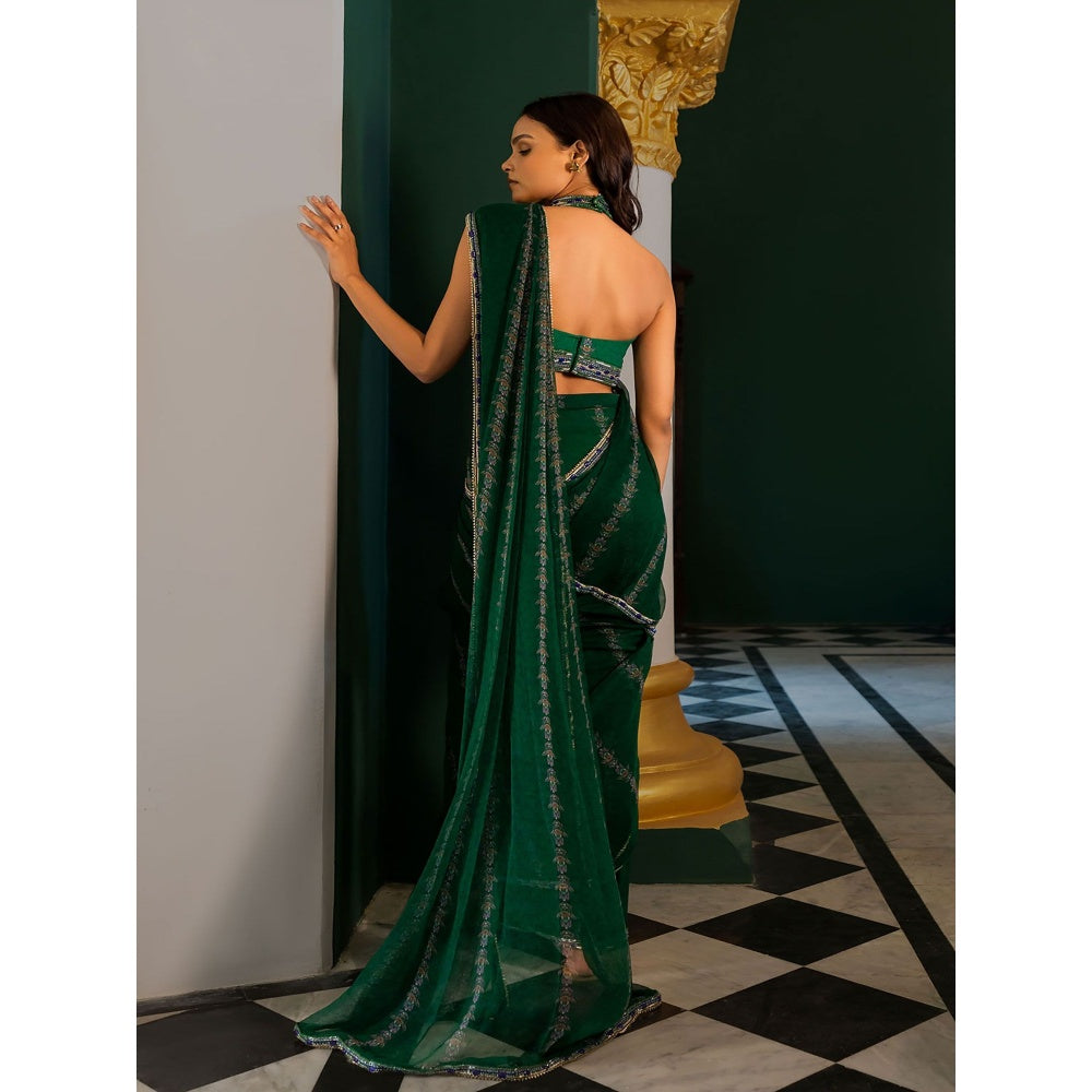 17 : 17 by Simmi Saboo Green Evil Eye Saree with Halter Neck Stitched Blouse