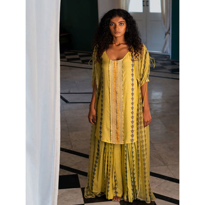 17 : 17 by Simmi Saboo Yellow Evil Eye Kurta & Palazzo with Drawstring Jacket (Set of 3)