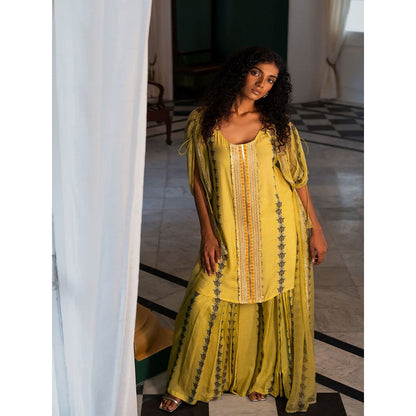 17 : 17 by Simmi Saboo Yellow Evil Eye Kurta & Palazzo with Drawstring Jacket (Set of 3)