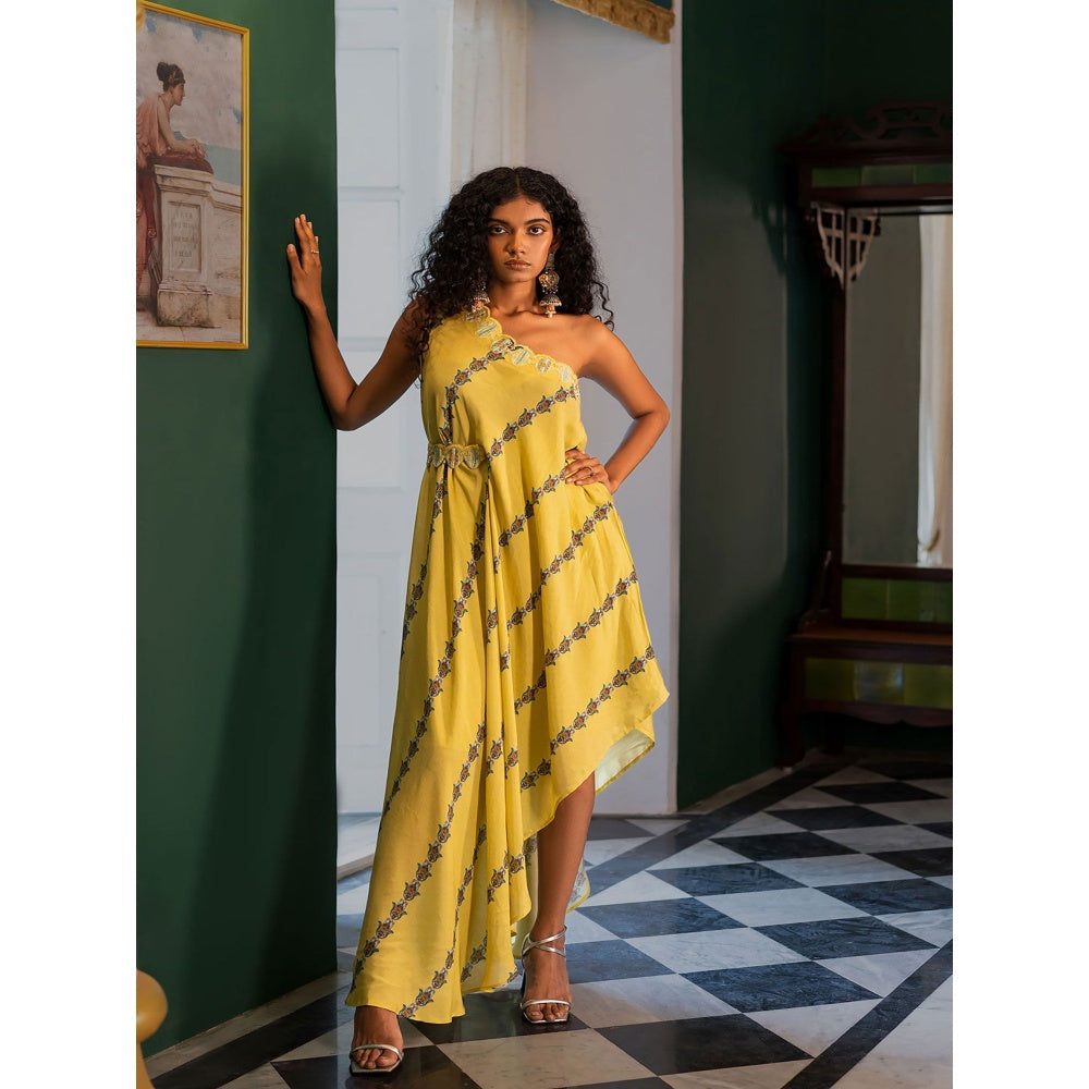 17 : 17 by Simmi Saboo Yellow Evil Eye One Shoulder Asymmetric Cut Dress & Belt (Set of 2)