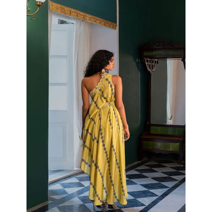 17 : 17 by Simmi Saboo Yellow Evil Eye One Shoulder Asymmetric Cut Dress & Belt (Set of 2)