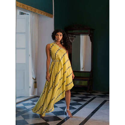 17 : 17 by Simmi Saboo Yellow Evil Eye One Shoulder Asymmetric Cut Dress & Belt (Set of 2)