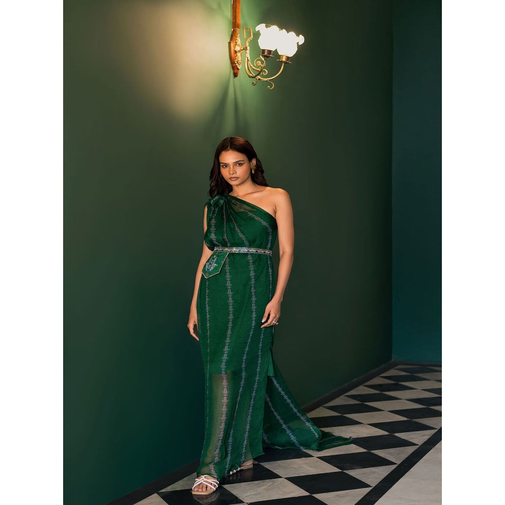 17 : 17 by Simmi Saboo Green Evil Eye Chiffon Slit Dress Pocket Belt Inner (Set of 3)