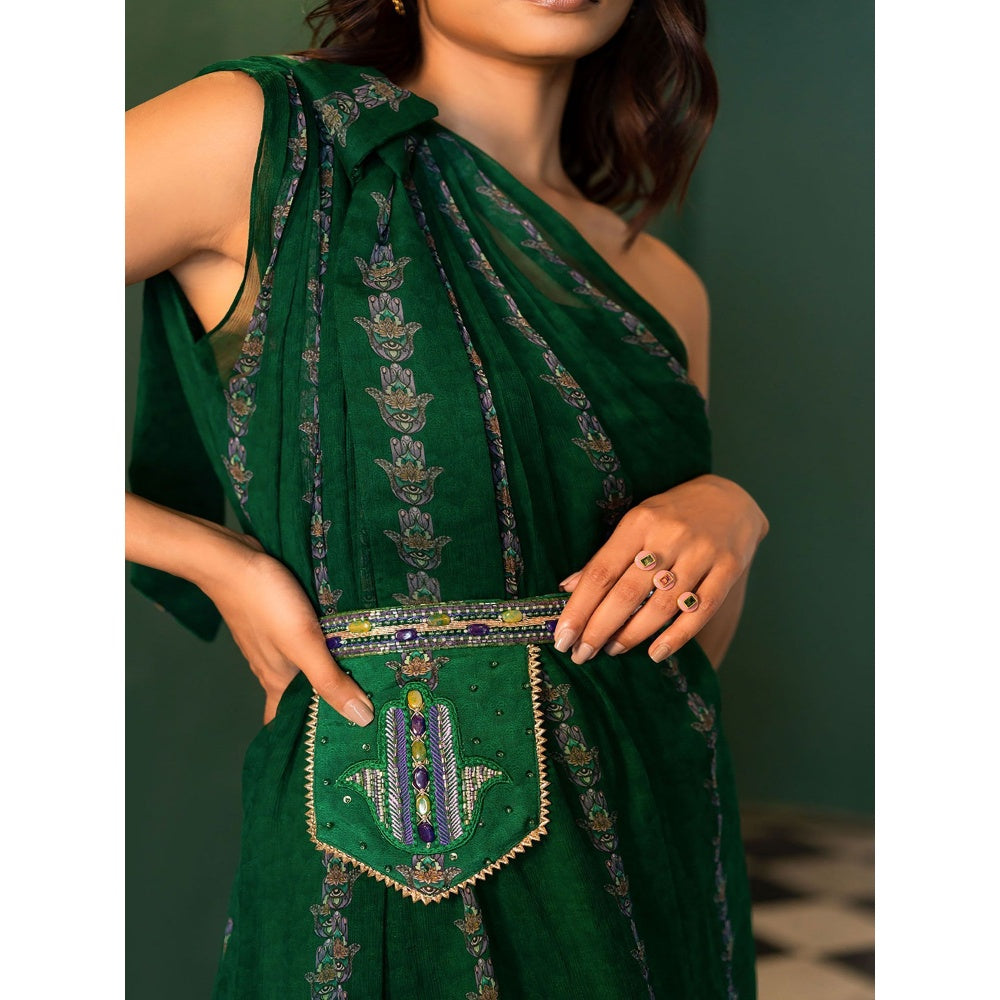 17 : 17 by Simmi Saboo Green Evil Eye Chiffon Slit Dress Pocket Belt Inner (Set of 3)