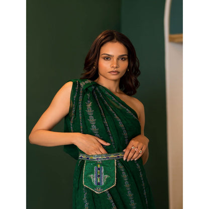 17 : 17 by Simmi Saboo Green Evil Eye Chiffon Slit Dress Pocket Belt Inner (Set of 3)