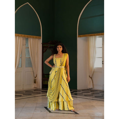 17 : 17 by Simmi Saboo Yellow Evil Eye Print Suspender Saree & Blouse with Belt (Set of 3)