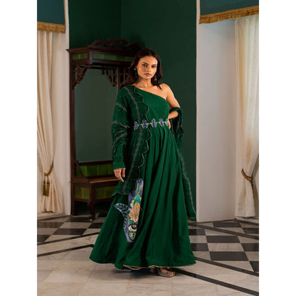 17 : 17 by Simmi Saboo Green One Shoulder Dress with Evil Eye Patch Dupatta Belt (Set of 3)