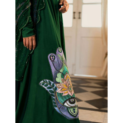 17 : 17 by Simmi Saboo Green One Shoulder Dress with Evil Eye Patch Dupatta Belt (Set of 3)
