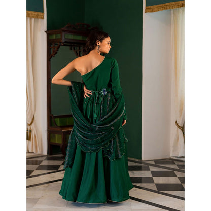 17 : 17 by Simmi Saboo Green One Shoulder Dress with Evil Eye Patch Dupatta Belt (Set of 3)