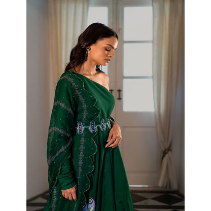 17 : 17 by Simmi Saboo Green One Shoulder Dress with Evil Eye Patch Dupatta Belt (Set of 3)