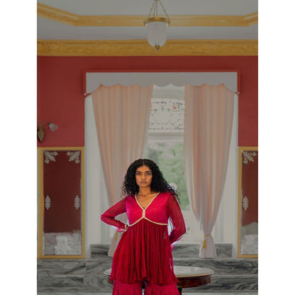 17 : 17 by Simmi Saboo Pink Peplum Kurta with Detailing On Neck & Yoke Sharara (Set of 2)