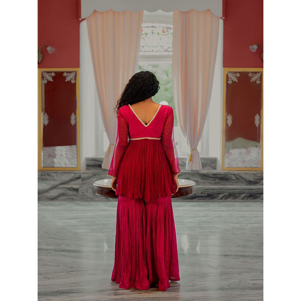 17 : 17 by Simmi Saboo Pink Peplum Kurta with Detailing On Neck & Yoke Sharara (Set of 2)