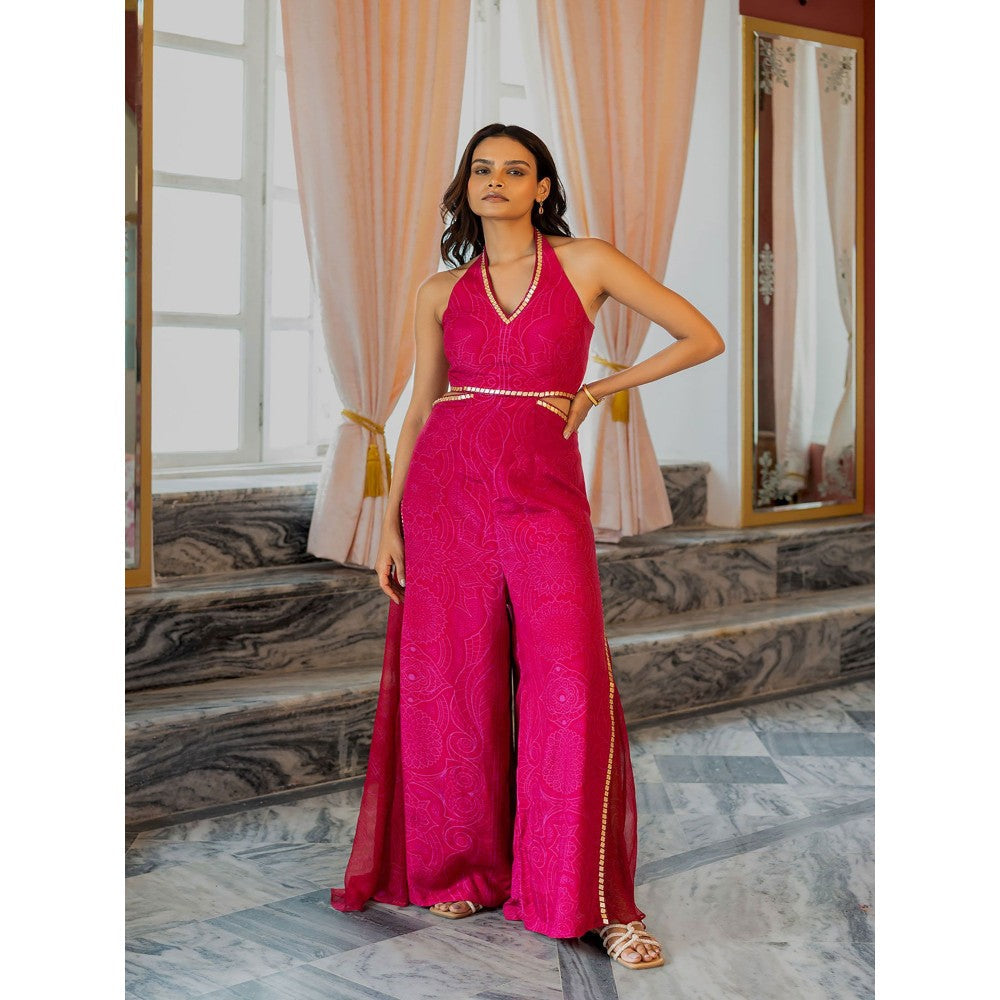 17 : 17 by Simmi Saboo Pink Halter Neck Jumpsuit with Side Chiffon Panel On Pants