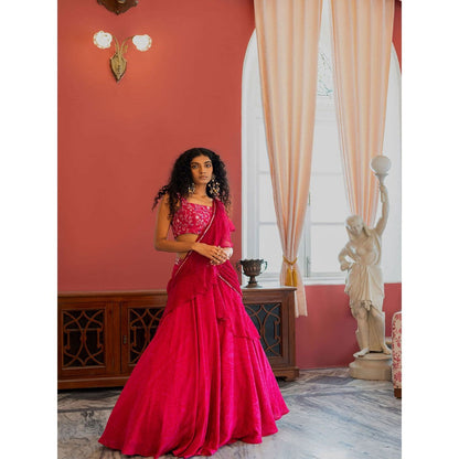 17 : 17 by Simmi Saboo Pink Mandal Embroidered Bustier & Lehenga Skirt with Drape (Set of 2)