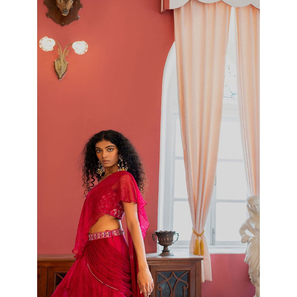 17 : 17 by Simmi Saboo Pink Mandal Embroidered Bustier & Lehenga Skirt with Drape (Set of 2)