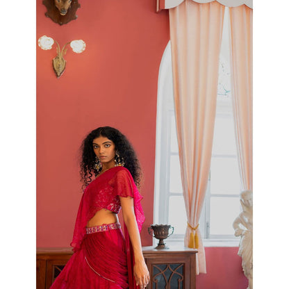 17 : 17 by Simmi Saboo Pink Mandal Embroidered Bustier & Lehenga Skirt with Drape (Set of 2)