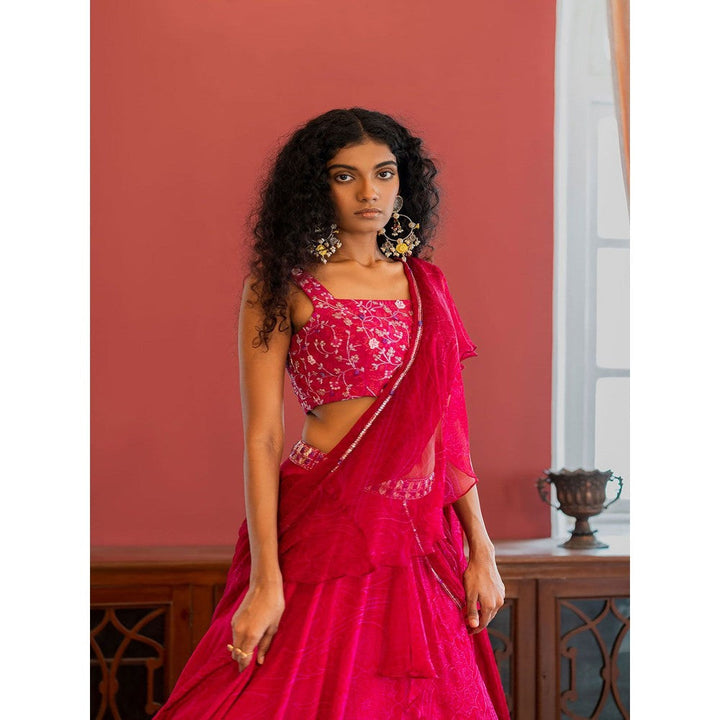 17 : 17 by Simmi Saboo Pink Mandal Embroidered Bustier & Lehenga Skirt with Drape (Set of 2)