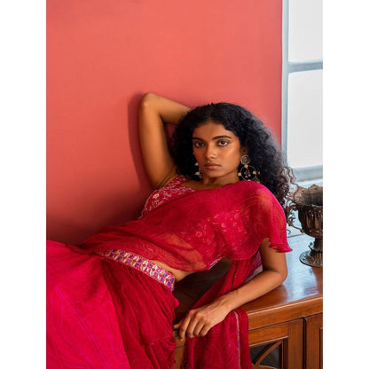 17 : 17 by Simmi Saboo Pink Mandal Embroidered Bustier & Lehenga Skirt with Drape (Set of 2)