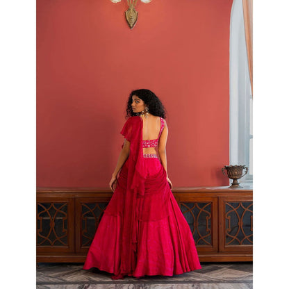 17 : 17 by Simmi Saboo Pink Mandal Embroidered Bustier & Lehenga Skirt with Drape (Set of 2)