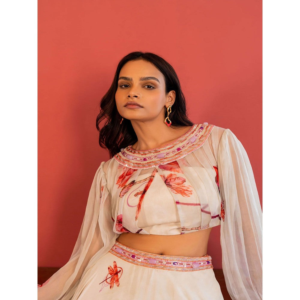 17 : 17 by Simmi Saboo Off White Dragon Fly Ballon Bustier & Skirt (Set of 2)