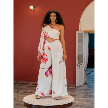 17 : 17 by Simmi Saboo Off White Dragon Fly Print One Shoulder Waist Cutout Jumpsuit