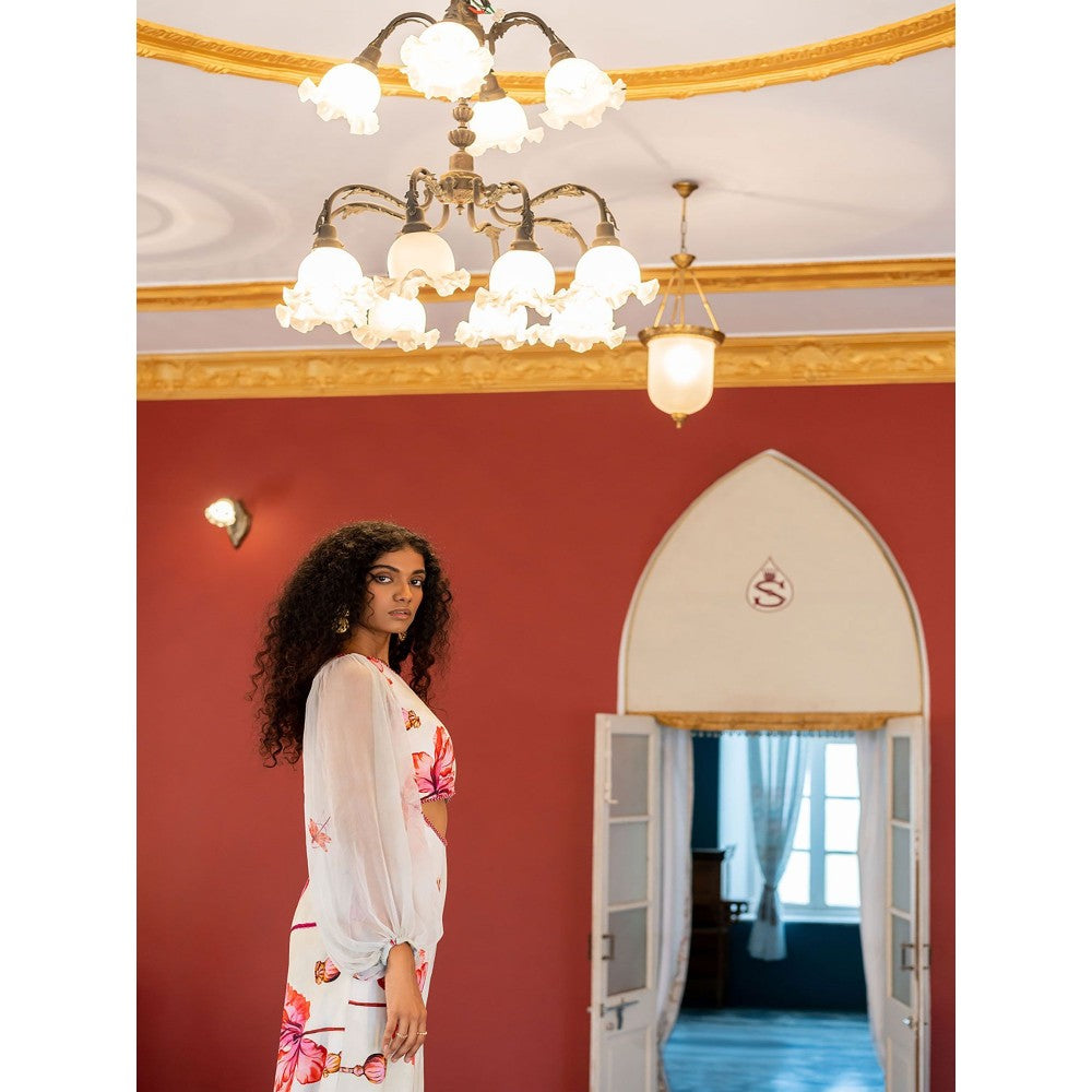 17 : 17 by Simmi Saboo Off White Dragon Fly Print One Shoulder Waist Cutout Jumpsuit